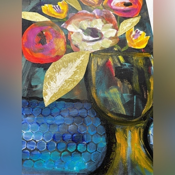 Painting Original Art Mixed Media Acrylic Collage on Canvas 12x16 Floral signed - Picture 11 of 12